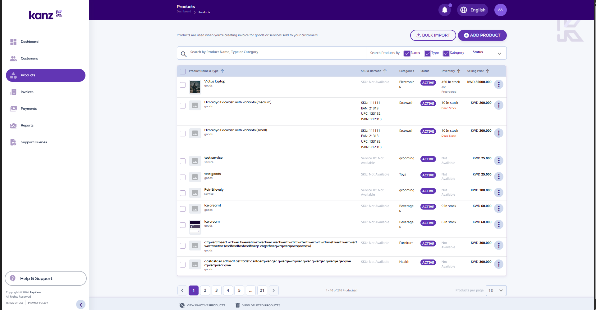PayKanz merchant portal showing the product catalog